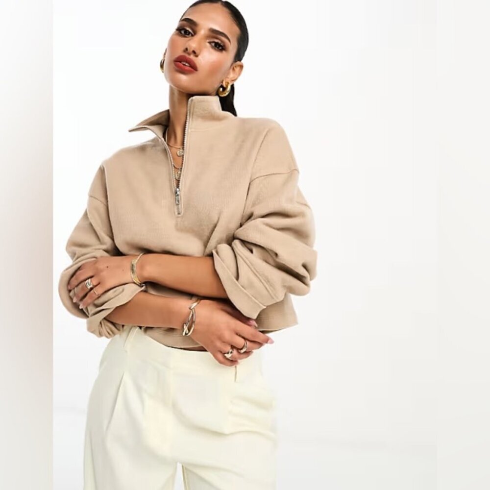 OAK + FORT Beige Half-Zip Crewneck Sweater